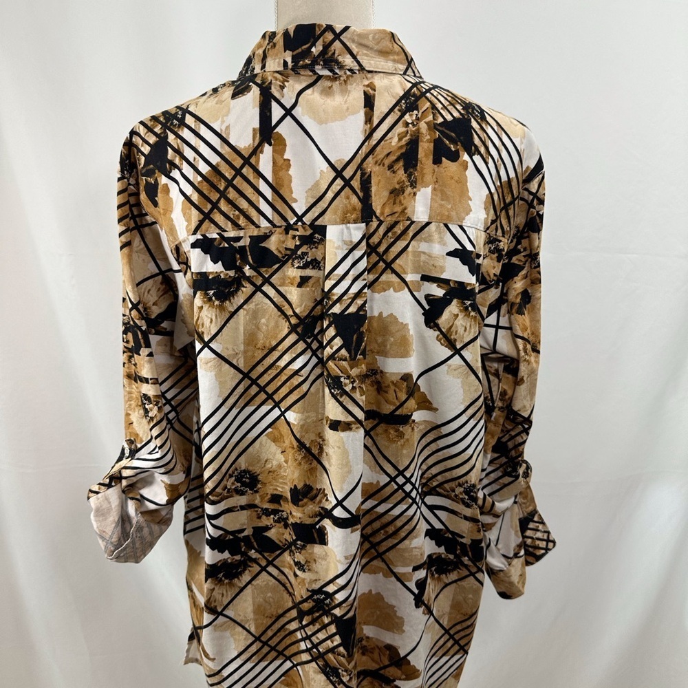 Dana Buchman Brown Abstract Button Pullover Shirt Size XL Roll-Tab Sleeve - Picture 3 of 8
